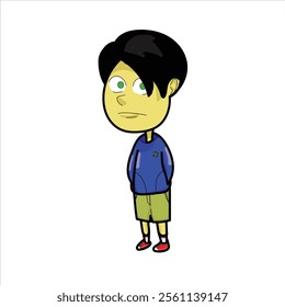 A stylish vector illustration of a young boy wearing a trendy blue hoodie, casual cream pants, and vibrant red shoes, exuding youthful energy and charm. His captivating blue eyes and cheerful expressi