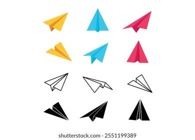 Stylish vector illustrations of colorful paper airplanes, Dynamic paper plane graphics to enhance your visuals, Charming colorful origami airplane illustrations for children’s books