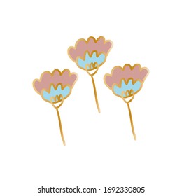 Stylish vector illustration.Three flowers isolated on a white background in gentle tones of blue and pink in a gold outline.Print for t-shirts,cards,photo albums, cosmetics packaging, flower delivery.