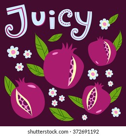 Stylish vector image with juicy pomegranates on purple background