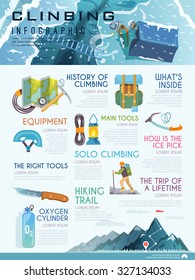 Stylish vector infographics on the theme of mountaineering, mountain, climbing history, equipment, preparation for the ascent. Modern flat design.