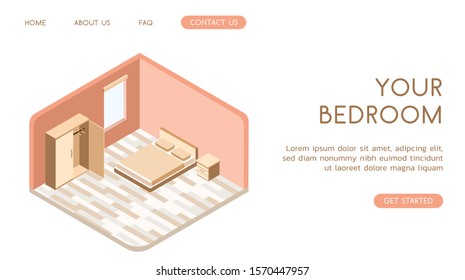 Stylish vector isometric bedroom interior illustration.