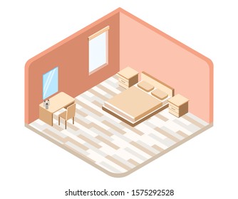 Stylish vector isometric bedroom interior illustration.