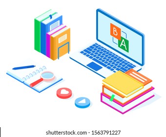 Stylish vector isometric Language School illustration. Good for educational, technological topics. 