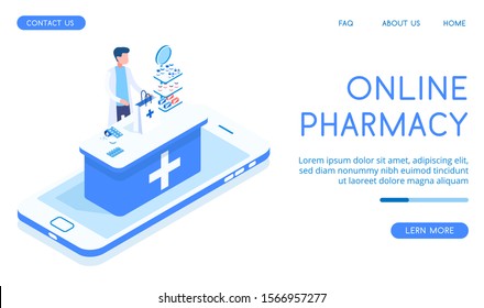 Stylish vector isometric Online Pharmacy illustration. Good for medicine topics.  