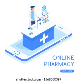 Stylish vector isometric Online Pharmacy illustration. Good for medicine topics.  