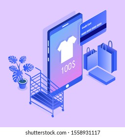 Stylish vector isometric Online Shopping illustration. Good for banking, shopping, technological topics. 