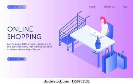 Stylish vector isometric Online Shopping illustration. Good for banking, shopping, technological topics. 