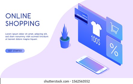 Stylish vector isometric Online Shopping illustration. Good for banking, shopping, technological topics. 