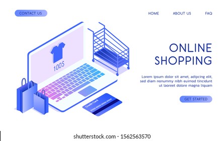 Stylish vector isometric Online Shopping illustration. Good for banking, shopping, technological topics. 