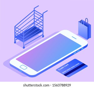 Stylish vector isometric Online Shopping illustration. Good for banking, shopping, technological topics. 