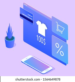 Stylish vector isometric Online Shopping illustration. Good for banking, shopping, technological topics. 