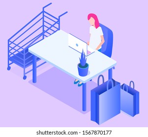 Stylish vector isometric Online Shopping illustration. Good for banking, shopping, technological topics. 