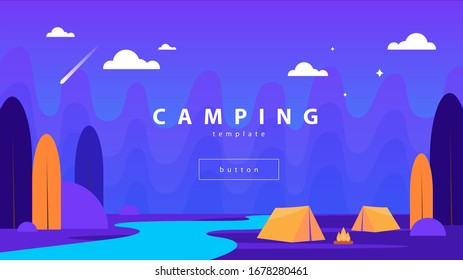 
Stylish vector landscape in blue and orange. Campground by the river.