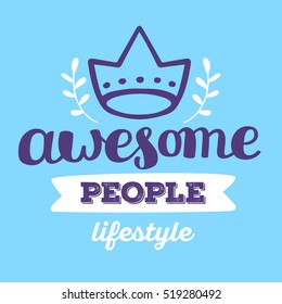 Stylish vector lettering handwritten inscription with line art crown and ribbon on blue background. Calligraphic inscription. Hand drawn lettering print. Apparel, t-shirt, sticker, poster, card design