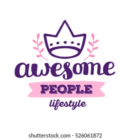 Stylish vector. Lifestyle calligraphic inscription. Hand drawn lettering print. Lettering handwritten inscription with line art crown and pink ribbon on white background. Sticker, poster, card design