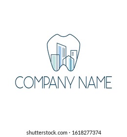 Stylish vector logo for dentistry, isolated on a white background. Thin lines, cities inside the image of the tooth. Elegant and clean for your dental clinic.