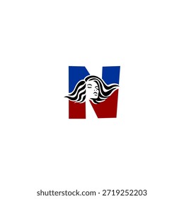 Logotipo de vetor elegante do retrato feminino com elegante letra de cabelo fluindo N. Perfeito para marca de moda, salões de beleza, logotipos cosméticos e identidades de design feminino