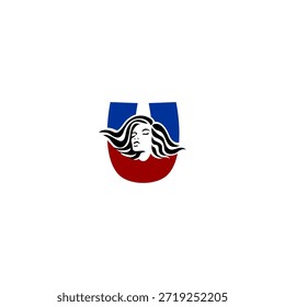 Logotipo de vetor elegante do retrato feminino com letra de cabelo fluente elegante U. Perfeito para marca de moda, salões de beleza, logotipos cosméticos e identidades de design feminino
