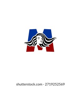 Logotipo de vetor elegante do retrato feminino com letra de cabelo fluente elegante M. Perfeito para marca de moda, salões de beleza, logotipos cosméticos e identidades de design feminino