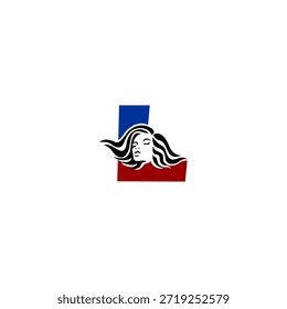 Logotipo de vetor elegante do retrato feminino com elegante letra de cabelo fluindo L. Perfeito para marca de moda, salões de beleza, logotipos cosméticos e identidades de design feminino