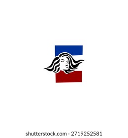Logotipo de vetor elegante do retrato feminino com letra de cabelo fluente elegante E. Perfeito para marca de moda, salões de beleza, logotipos cosméticos e identidades de design feminino