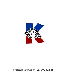 Logotipo de vetor elegante do retrato feminino com elegante letra de cabelo fluindo K. Perfeito para marca de moda, salões de beleza, logotipos cosméticos e identidades de design feminino