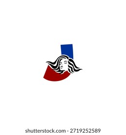 Logotipo de vetor elegante do retrato feminino com elegante letra de cabelo fluindo J. Perfeito para marca de moda, salões de beleza, logotipos cosméticos e identidades de design feminino