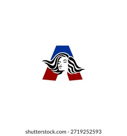 Logotipo de vetor elegante do retrato feminino com a letra de cabelo fluente elegante A. Perfeito para marca de moda, salões de beleza, logotipos cosméticos e identidades de design feminino