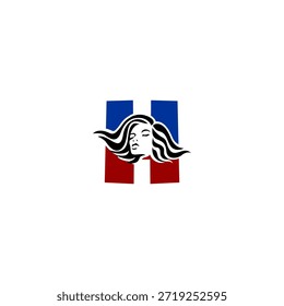 Logotipo elegante del Vector del retrato de la muchacha con la letra fluida elegante del pelo H. Perfecto para la marca de la moda, los salones de belleza, los logotipos cosméticos y las identidades femeninas del diseño