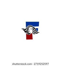 Logotipo de vetor elegante do retrato feminino com letra de cabelo fluente elegante F. Perfeito para marca de moda, salões de beleza, logotipos cosméticos e identidades de design feminino
