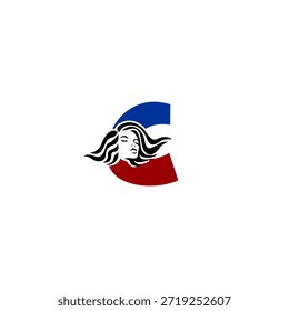Stilvolles Vektorlogo des Mädchenporträts mit eleganten fließenden Haaren Buchstabe C. Perfekt für Mode-Branding, Schönheitssalons, kosmetische Logos und feminine Design-Identitäten