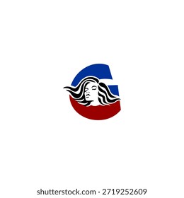 Stylish vector logo of girl portrait with elegant flowing hair letter G. Perfect for fashion branding, beauty salons, cosmetic logos and feminine design identities