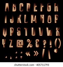 Stylish vector luminous alphabet. Neon letters and symbols on black background