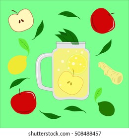 Stylish vector mason jar with apple lemonade mix.