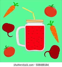 Stylish vector mason jar with vegetable smoothie mix.