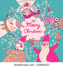 Stylish vector Merry Christmas card in bright colors. Cute Santa Claus, Funny Bear in glasses, sweet Snowman, lovely Angel and nice Owl in cartoon childish holiday card