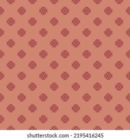 Stylish vector minimal geometric floral pattern. Simple abstract seamless texture with small flowers, crosses. Elegant ornament background in maroon and orange color. Repeat design for decor, textile
