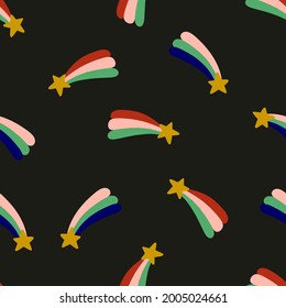 Stylish vector night sky pattern design with falling stars. Funny  texture for kids pajamas in hand-drawn style.