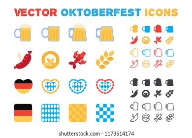 Stylish vector Oktoberfest and beer icons set. Outline and flat style. Vector