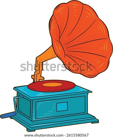 Stylish vector of an old-fashioned gramophone with a horn speaker. Ideal for vintage music, nostalgia, retro-themed content, and antique musical equipment illustrations. Retro Gramophone Vector – Colo