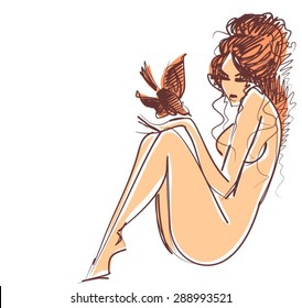 stylish vector original hand-drawn graphics with beautiful young attractive girl model for design. Fashion, style, youth, fitness, sports, beauty, advertising. Graphic, sketch drawing. Sexy body.
