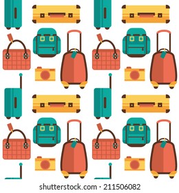 Stylish vector pattern with bags, suitcases and backpacks. Flat style background with luggage.