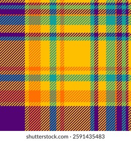 Stylish vector pattern fabric, quiet texture plaid tartan. Plank seamless background textile check in golden poppy and purple colors palette.