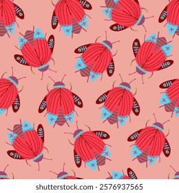 Stylish vector pattern featuring bugs with floral motifs on a pale pink background. The red-pink color palette and folk art influence make this design perfect for decorative projects and modern design