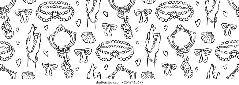 Padrão de vetor elegante com acessórios vintage. Pérolas, colar, arco e espelho vintage. Para embalagens de luxo, papel de parede, marca. Estilo de rabiscar desenhado à mão. Fundo de identidade visual retro e chique