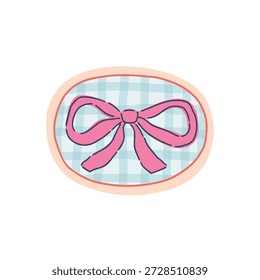 Arco rosa vetor elegante no quadro oval desenhado à mão com fundo quadriculado azul. Isolado charme de cerâmica ingênuo para marca feminina, artesanato de argila, papelaria de casamento, acessórios têxteis e modernos