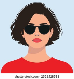 Stylish vector portrait of a young woman wearing large black sunglasses and a bright red top. The minimalist design features clean lines and a modern, flat color style, cool and trendy look.