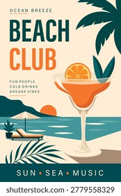 Stylish vector poster featuring a tropical cocktail, a lounge chair under an umbrella, palm leaves, serene seascape. Use for summer design, travel, advertising, party flyers, club flyers, social media