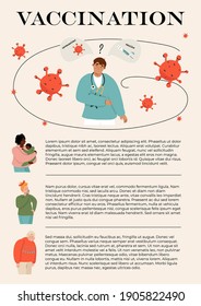 Stylish vector poster on the theme of coronavirus vaccination with illustrations of people in cartoon style and place under the text.
Mom with a child, a woman, an old woman and a doctor. Covid-19